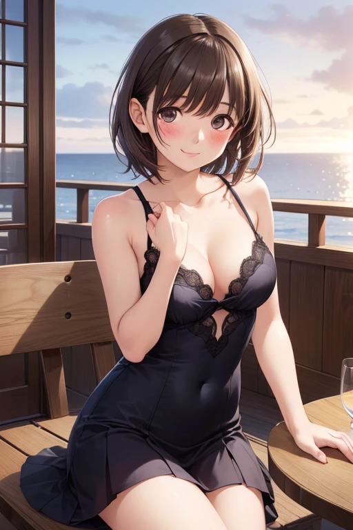 anegasaki nene、Shiny brown hair, short hair, (Beautiful brown eyes、Sparkling eyes, Fine grain)、smile、Ultra-detailed eyes、Very detailed顔, Very detailed目,


(8k, Highest quality, masterpiece: 1.2), (Realistic, photoRealistic: 1.37), Very detailed, 
Girl Single, cute, alone, Midnight, Beautifully detailed skies, Detailed Cafe, Sitting, date, (blush), (smile: 1.15), Small breasts (Mouth closed), Beautiful Eyes, Floating Hair NovaFrogStyle, backless dress