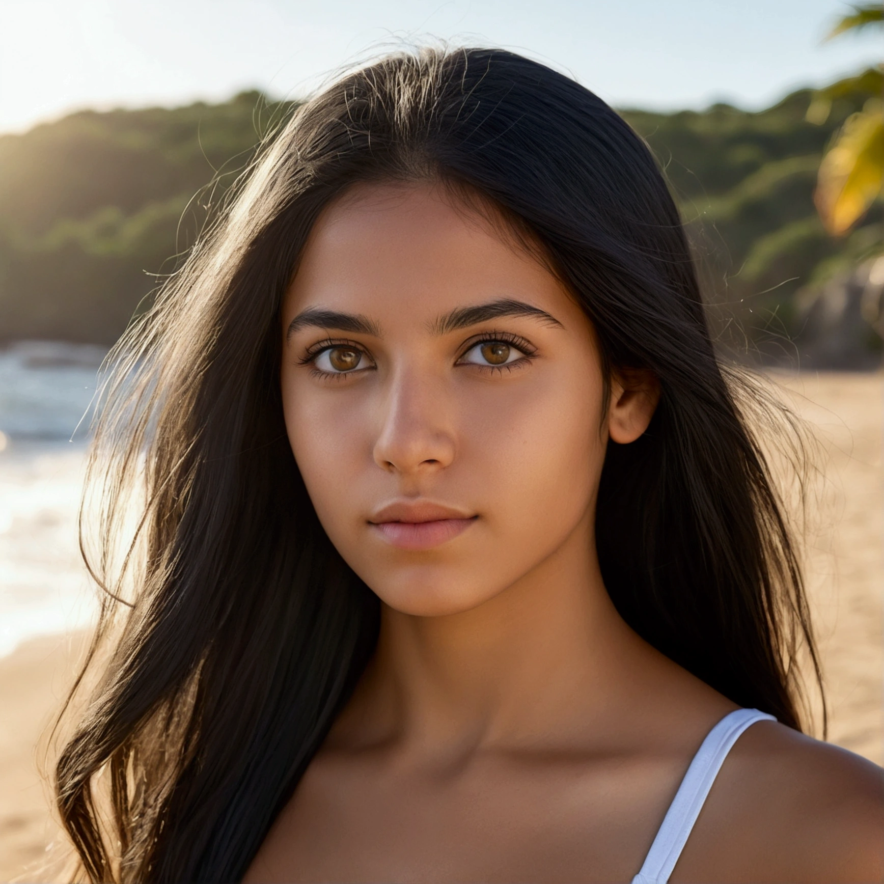 A photorealistic portrait of a 23 year old Colombian and Spanish girl with long black and white hair and striking light eyes. It should have a natural and accessible expression and be lit by the soft golden light of the sun. The background should be a picturesque outdoor setting, perhaps a luxurious location or a sunny beach with a naked woman in a swimsuit where her entire body can be seen. Capture this image with high-resolution photography using an 85mm lens for a flattering perspective.
