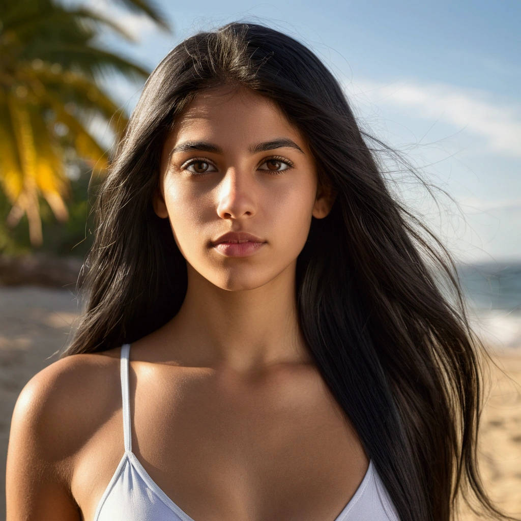 A photorealistic portrait of a 23 year old Colombian and Spanish girl with long black and white hair and striking light eyes. It should have a natural and accessible expression and be lit by the soft golden light of the sun. The background should be a picturesque outdoor setting, perhaps a luxurious location or a sunny beach with a naked woman in a swimsuit where her entire body can be seen. Capture this image with high-resolution photography using an 85mm lens for a flattering perspective.