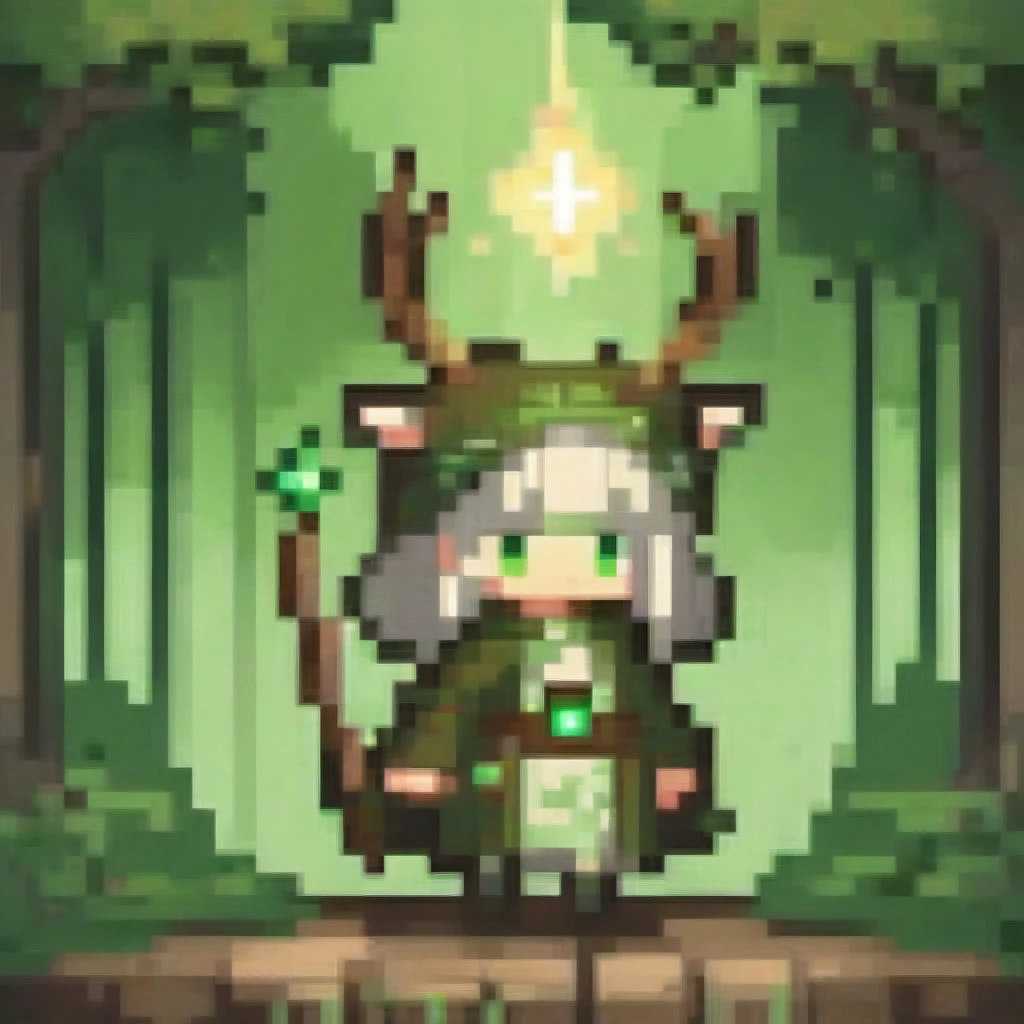  A chibi female character in earthy green and brown nature robes from a forest fantasy, holding a magical staff entwined with vines. She has deer ears and antlers, glowing forest-green eyes, and delicate fawn-like horns. The staff glows with an earth elemental effect, and she is in a dynamic summoning pose. The artwork features cinematic lighting and moody colors, in a digital art, concept art style.