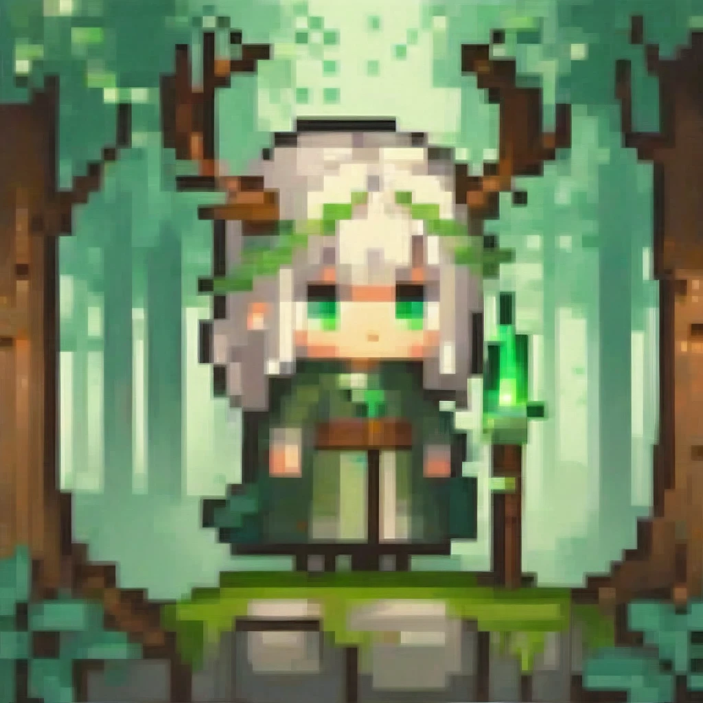  A chibi female character in earthy green and brown nature robes from a forest fantasy, holding a magical staff entwined with vines. She has deer ears and antlers, glowing forest-green eyes, and delicate fawn-like horns. The staff glows with an earth elemental effect, and she is in a dynamic summoning pose. The artwork features cinematic lighting and moody colors, in a digital art, concept art style.
