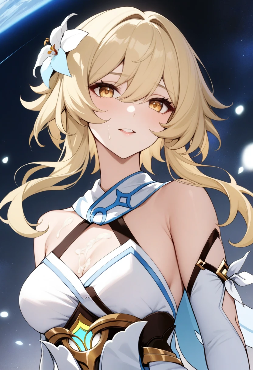 masterpiece, best quality, very aesthetic, absurdres, 1girl, mature_lady,white_dress,(cum_on_body:1.3),,lumine_(genshin_impact), genshin_impact, blonde_hair, short_hair_with_long_locks, sidelocks, yellow_eyes, hair_flower, hair_ornament, flower, white_flower,,in space,floating droplets of water,