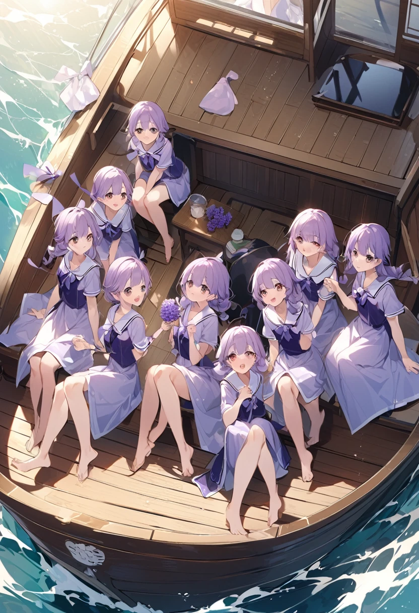 Keito。Purple sailor suit。barefoot。six sisters。They both have lavender hair。all female。Sextuplets。On the boat