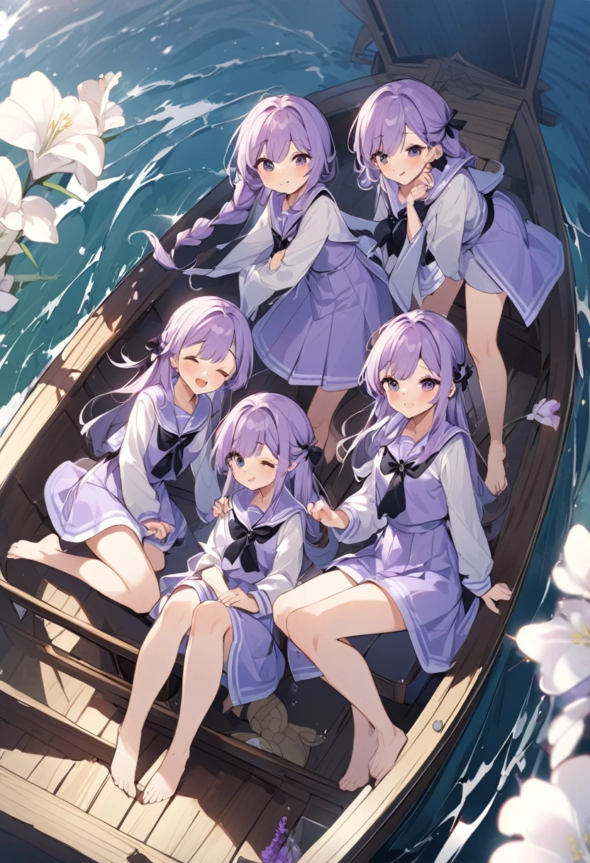 Keito。Purple sailor suit。barefoot。six sisters。They both have lavender hair。all female。Sextuplets。On the boat