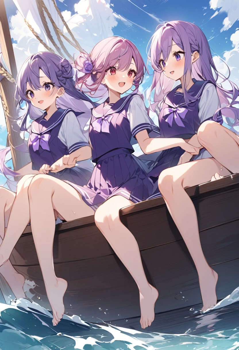 Keito。Purple sailor suit。barefoot。six sisters。They both have lavender hair。all female。Sextuplets。On the boat