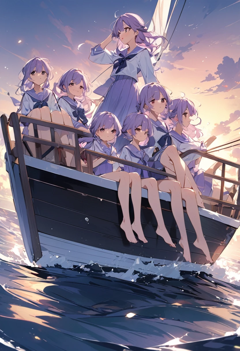 Keito。Purple sailor suit。barefoot。six sisters。They both have lavender hair。all female。Sextuplets。On the boat
