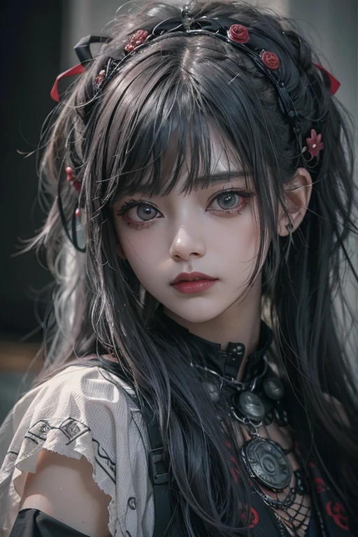 Highest quality、8k、masterpiece:1.3、Gothic Punk、The inside color is red、Gray Black Hair、hair ornaments、Beautiful girl、creative、Punk Style、Neogoth、Goth Fashion:0.8、High resolution、masterpiece、Highest quality、頭w:1.3、((Hasselblad Photos))、Fine skin、Sharp focus、(Cinematic lighting)、shirt, Shoulder out, With modest breasts