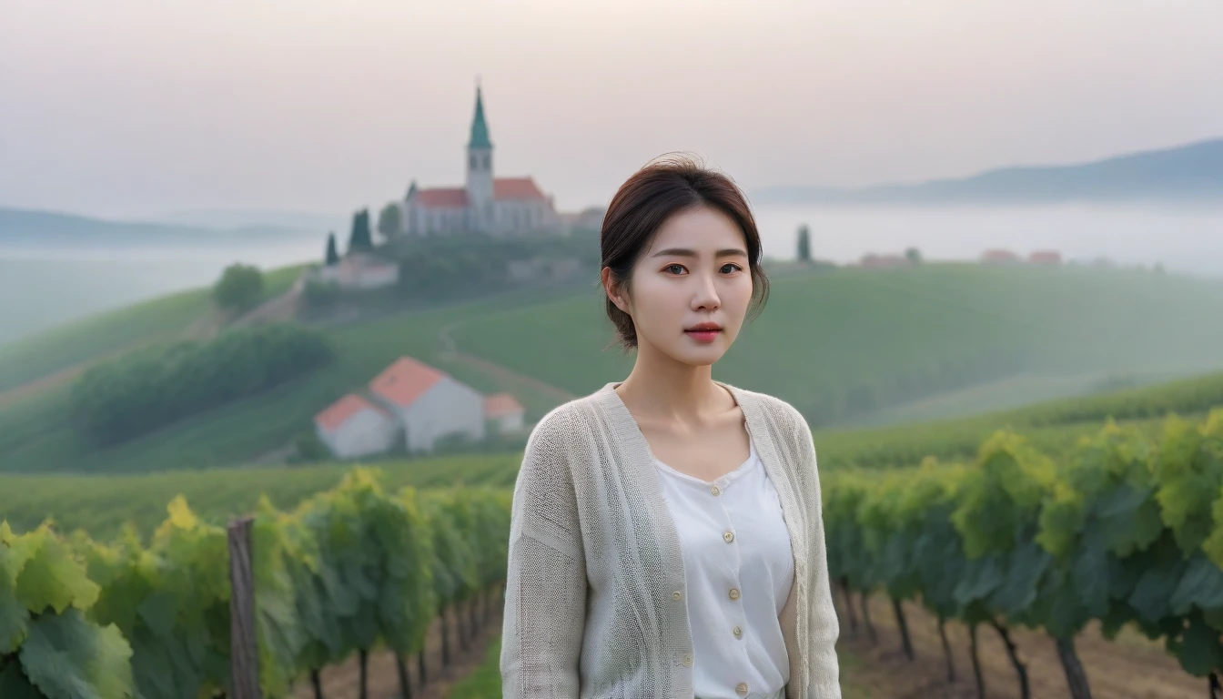 8k best picture quality, Beautiful 36-year-old Korean woman, Chest size 34 inches, Pass through vineyards in the Croatian countryside and see the cathedral in the early morning fog.., The back background is realistic and vivid quality., short and medium hair, White shirt and short cardigan,Perfect and realistic photos, The background is realistic.. Full body shot with Canon camera 16-35 wide angle lens, expressionless, Standing on a vineyard hill covered in thick fog, Vivid, clear picture quality