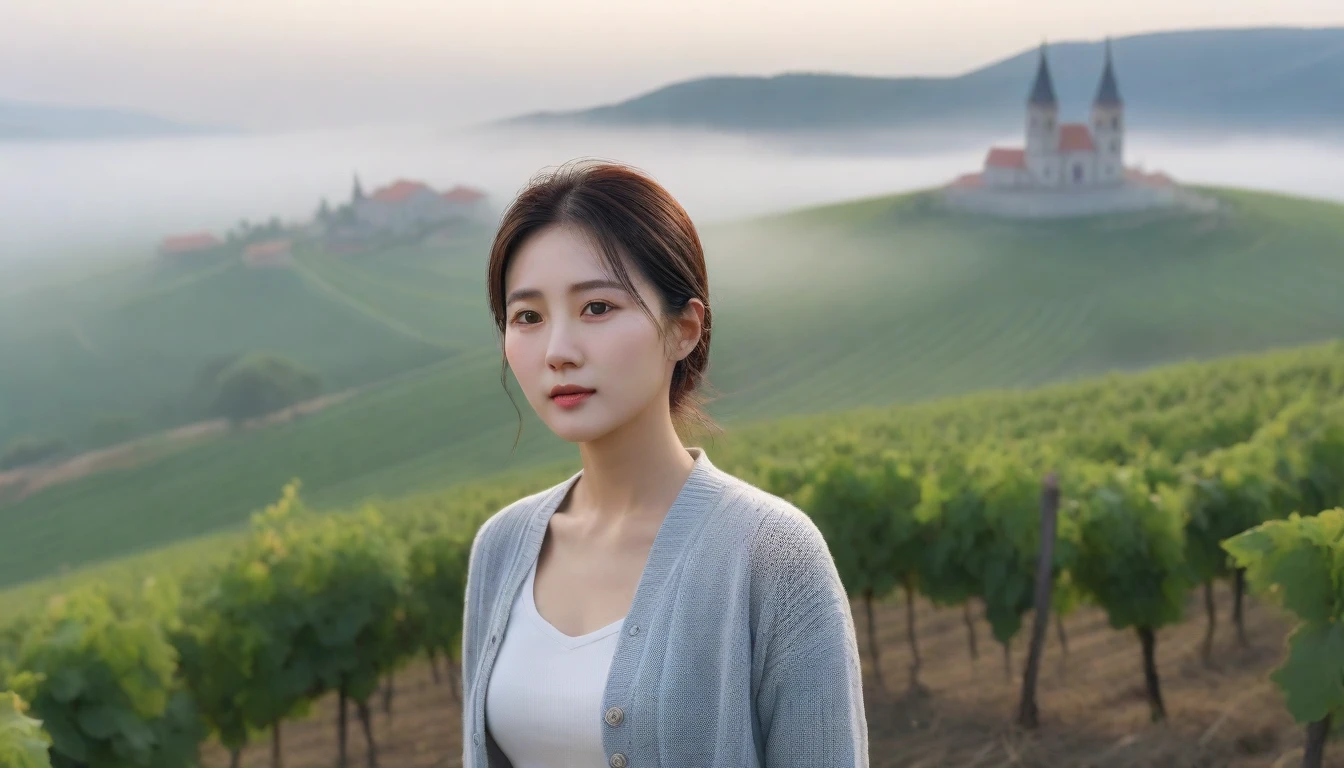 8k best picture quality, Beautiful 36-year-old Korean woman, Chest size 34 inches, Pass through vineyards in the Croatian countryside and see the cathedral in the early morning fog.., The back background is realistic and vivid quality., short and medium hair, White shirt and short cardigan,Perfect and realistic photos, The background is realistic.. Full body shot with Canon camera 16-35 wide angle lens, expressionless, Standing on a vineyard hill covered in thick fog, Vivid, clear picture quality