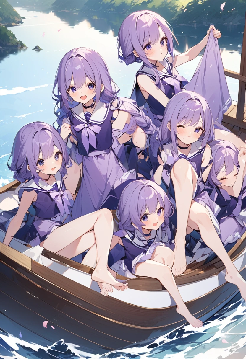 Keito。Purple sailor suit。barefoot。six sisters。They both have lavender hair。all female。Sextuplets。On the boat