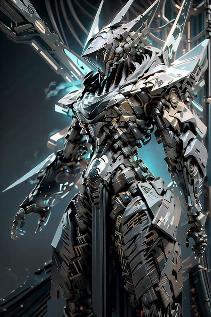 (masterpiece, best quality, ultra-detailed), Shinobi Kage-X1 mecha, 8 meters tall, 15 tons, hybrid-electric propulsion system with silent modules, lightweight composite materials with stealth coating, sleek and agile design, equipped with plasma blades, precision energy blasters, smoke grenade launchers, advanced stealth capabilities, highly agile joints, enhanced sensors for night vision and thermal imaging, standing in a dimly lit urban alleyway, cloaked in shadows, emitting a faint blue glow from its sensors, cyberpunk aesthetic, intricate mechanical details, dynamic pose, cinematic lighting, high-tech environment