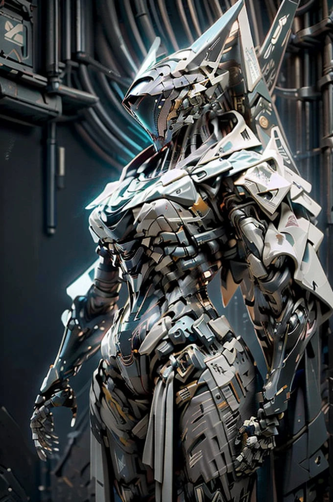 (masterpiece, best quality, ultra-detailed), Shinobi Kage-X1 mecha, 8 meters tall, 15 tons, hybrid-electric propulsion system with silent modules, lightweight composite materials with stealth coating, sleek and agile design, equipped with plasma blades, precision energy blasters, smoke grenade launchers, advanced stealth capabilities, highly agile joints, enhanced sensors for night vision and thermal imaging, standing in a dimly lit urban alleyway, cloaked in shadows, emitting a faint blue glow from its sensors, cyberpunk aesthetic, intricate mechanical details, dynamic pose, cinematic lighting, high-tech environment