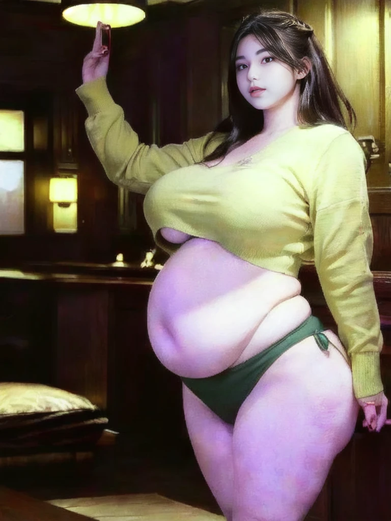 il y a une femme en chemise blanche et culotte noire qui pose, she has a round and big belly, thick, bbwchan, her belly is big and round, sultry body with sexy belly, attractive plus size model, her navel is exposed, hyperrealistic complete figure, corps thick, large stomach, curved model