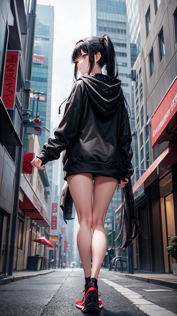 A woman with long black hair in twin tails, dressed in a gray hooded sweatshirt with text, black leggings, and red and gray sneakers, walking down a city street with buildings and signs in the background.
