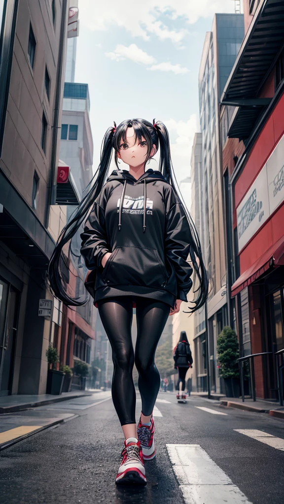 A woman with long black hair in twin tails, dressed in a gray hooded sweatshirt with text, black leggings, and red and gray sneakers, walking down a city street with buildings and signs in the background.