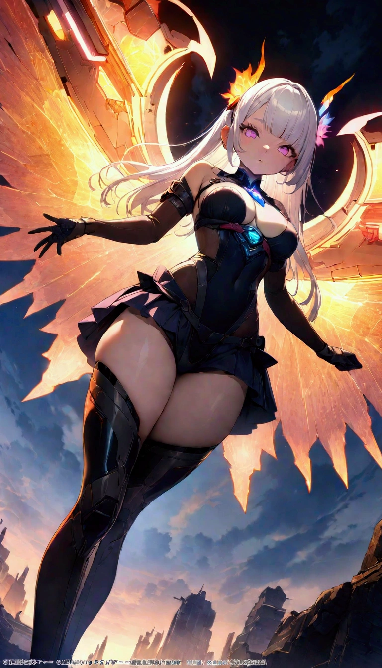 A beautiful girl magician wearing a cyberpunk-style mecha flying in the sky, Long white hair,Hair accessories, Huge transparent wings, (electricity),(flame),(ice),(gem),cloud, Metal Material,Wood texture, Depth of Field, Blurred background,A fusion of aesthetics and dynamics,Wide-angle lens ,(masterpiece, Top quality, best quality, Official Art, beautiful and aesthetic:1.2), Fractal Art, rich and colorful, Glowing skin,