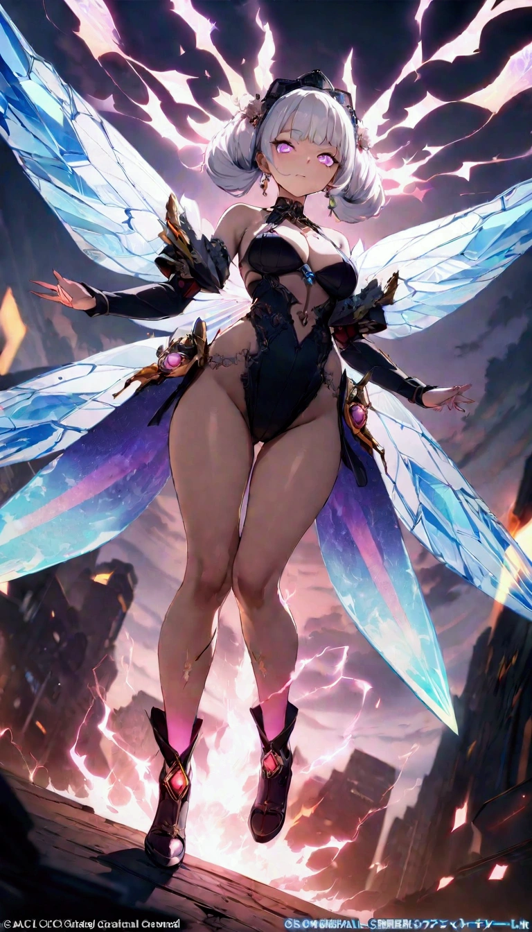A beautiful girl magician wearing a cyberpunk-style mecha flying in the sky, Long white hair,Hair accessories, Huge transparent wings, (electricity),(flame),(ice),(gem),cloud, Metal Material,Wood texture, Depth of Field, Blurred background,A fusion of aesthetics and dynamics,Wide-angle lens ,(masterpiece, Top quality, best quality, Official Art, beautiful and aesthetic:1.2), Fractal Art, rich and colorful, Glowing skin,