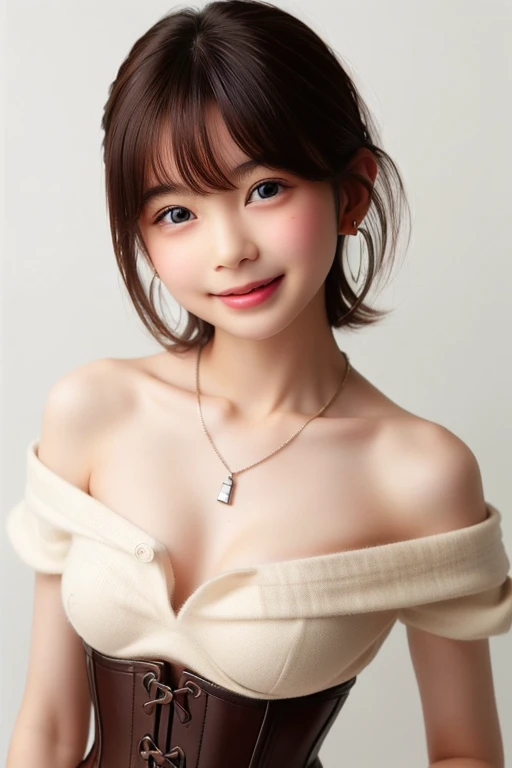 ((software: 1.4)), ((Detailed face, Professional photography)), ((software, Corset Top, Earrings, necklace,Exposing shoulders, Super Short Hair, side lock hair, 1 girl)), Ultra-high resolution, (Realistic: 1.4), RAW Photos, Highest quality, (PhotoRealistic Stick), concentrate, Soft Light, ((s old)), ((Japanese)), (((Young Face))), (surface), (Written boundary depth), masterpiece, (Realistic), woman, bangs, ((1 girl))