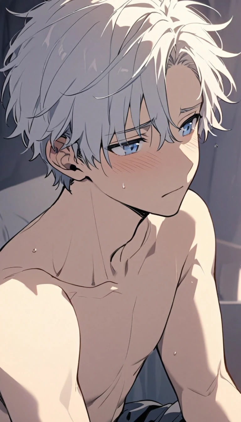 Handsome, solo, male, short hair, soft boy, young, white hair, blue eyes, shirtless, shy