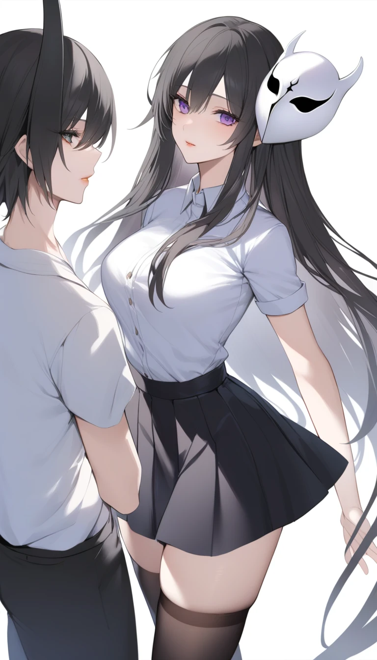 17 year old girl, pretty face and beautiful,  pretty lips, purple eyes, long straight black hair, slightly big breasts, semi-large thighs, hip a little wide, thin waist, clothes tights and a black skirt.   White shirt with a black cape and a mask next to his face a white hollow knight mask 