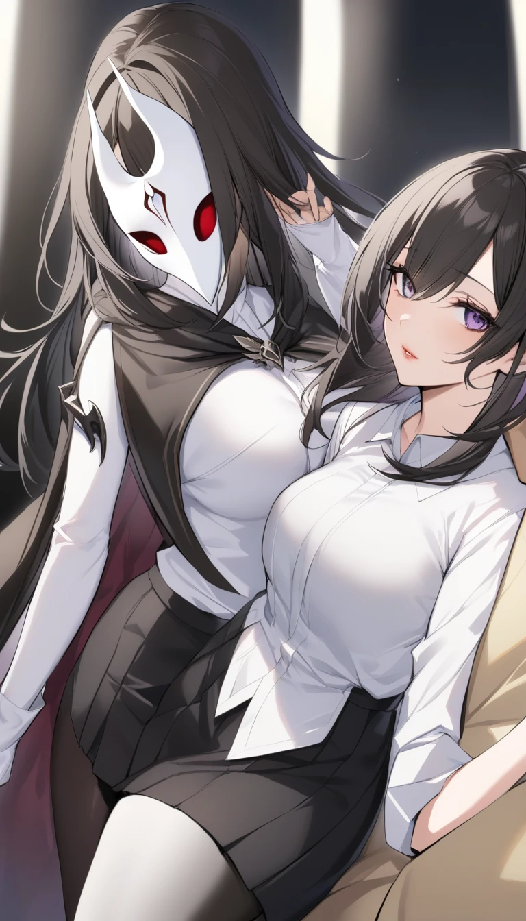 17 year old girl, pretty face and beautiful, pretty lips, purple eyes, long straight black hair, slightly big breasts, semi-large thighs, hip a little wide, thin waist, clothes tights and a black skirt. White shirt with a black cape and a mask next to his face a white hollow knight mask