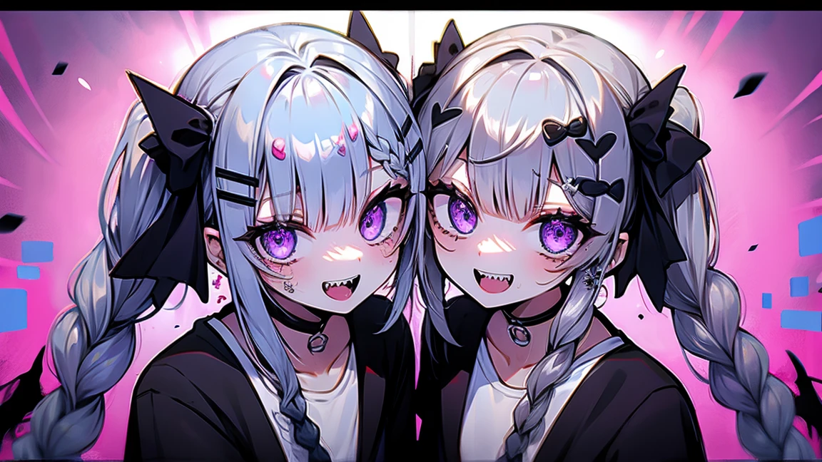 masterpiece,best quality,
//////////////1girl,solo,sharp teeth,teeth,braid,twin braids,open mouth,grey hair,looking at viewer,purple eyes,long hair,horror \(theme\),blood,long sleeves,upper body,shirt,smile,
//////// ,