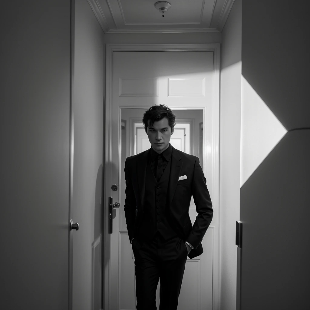 picture coloring page silhouette a man wear black suits and see hand clock, without color and background.