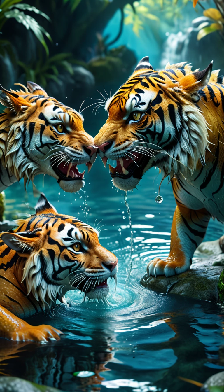 Panorama,Close-up of a dragon and a tiger in water(best quality,4K,8k,High level,masterpiece:1.2),Ultra Detailed,(lifelike,Photo real,Photo real:1.37),Highly detailed animals,Complex patterns,Realistic lighting,Fantasy Creatures