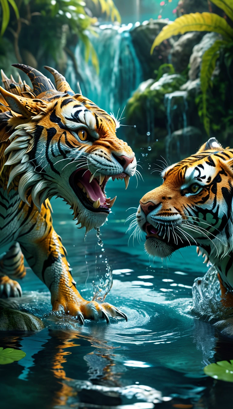 Panorama,Close-up of a dragon and a tiger in water(best quality,4K,8k,High level,masterpiece:1.2),Ultra Detailed,(lifelike,Photo real,Photo real:1.37),Highly detailed animals,Complex patterns,Realistic lighting,Fantasy Creatures