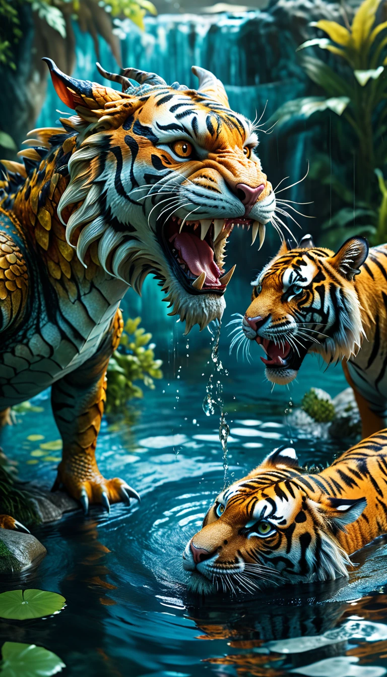 Panorama,Close-up of a dragon and a tiger in water(best quality,4K,8k,High level,masterpiece:1.2),Ultra Detailed,(lifelike,Photo real,Photo real:1.37),Highly detailed animals,Complex patterns,Realistic lighting,Fantasy Creatures