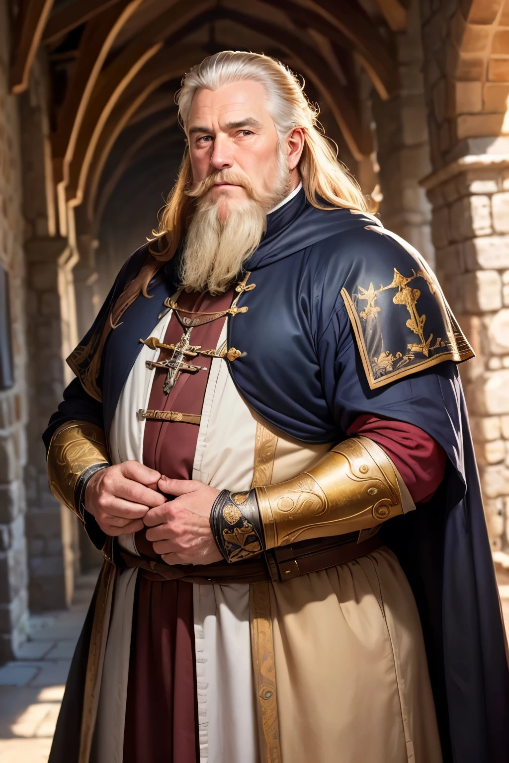 ((best qualityer)), ((work of art)), (detailded), A male noble. clothing fabrics and leather that blends with the bottom and cover to become invisible. medieval nobleman .60 year old man . fatter .Light hair with . Os olhos super detaildeds .His gaze would be intense and serious. highly detailed image .shy smile .wide chin.long beard.60 year old man.background a medieval city of stones,inside a castle ,clear lighting,detailed shadows