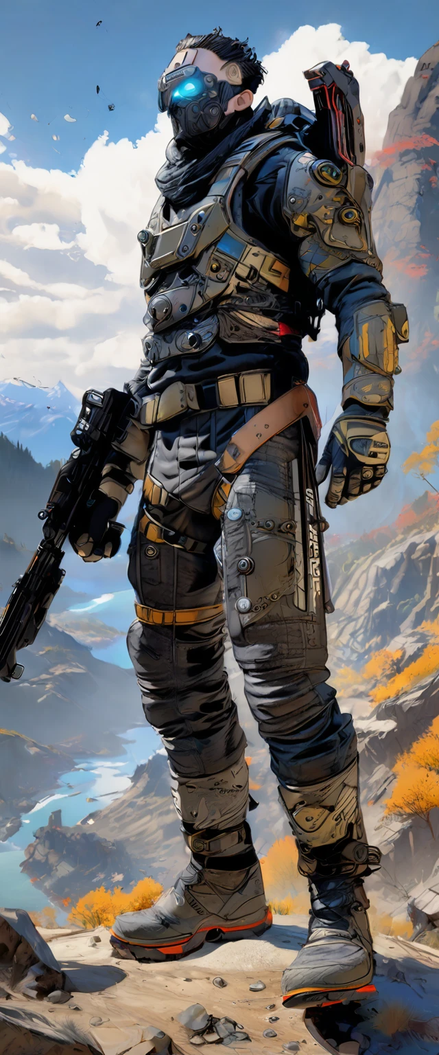 (masterpiece:1.2), (best quality:1.2), (ultra-detailed:1.2), finely detail, perfect anatomy, ((Wraith from Apex Legend)), black bodysuit, one young man's beautiful body, intense expression, holding gun, standing in desolate wilderness, dramatic lighting, intense shadows, sandy texture, high contrast, vivid colors, dynamic pose, strong posture, rough background, explosive atmosphere Abstract, Dystopian theme, Surrealistic elements, Digitally rendered illustration, High resolution, Intricate details, Dramatic composition, Avant-garde and chaotic brushwork, Gothic style, Intense emotion, Spectacular scale, Raw and rough, Fascinating and provocative work of art