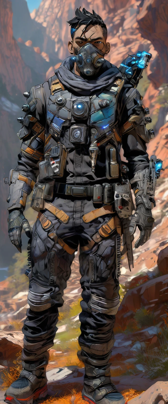 (masterpiece:1.2), (best quality:1.2), (ultra-detailed:1.2), finely detail, perfect anatomy, ((Wraith from Apex Legend)), black bodysuit, one young man's beautiful body, intense expression, holding gun, standing in desolate wilderness, dramatic lighting, intense shadows, sandy texture, high contrast, vivid colors, dynamic pose, strong posture, rough background, explosive atmosphere Abstract, Dystopian theme, Surrealistic elements, Digitally rendered illustration, High resolution, Intricate details, Dramatic composition, Avant-garde and chaotic brushwork, Gothic style, Intense emotion, Spectacular scale, Raw and rough, Fascinating and provocative work of art