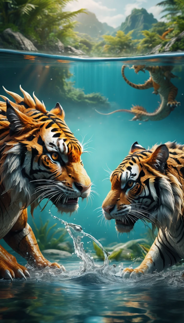Panorama，Close-up of a dragon and a tiger in water(best quality，4K，8k，High level，masterpiece：1.2），Ultra Detailed，（lifelike，Photo real，Photo real：1.37），Highly detailed animals，Complex patterns，Realistic lighting，Fantasy Creatures