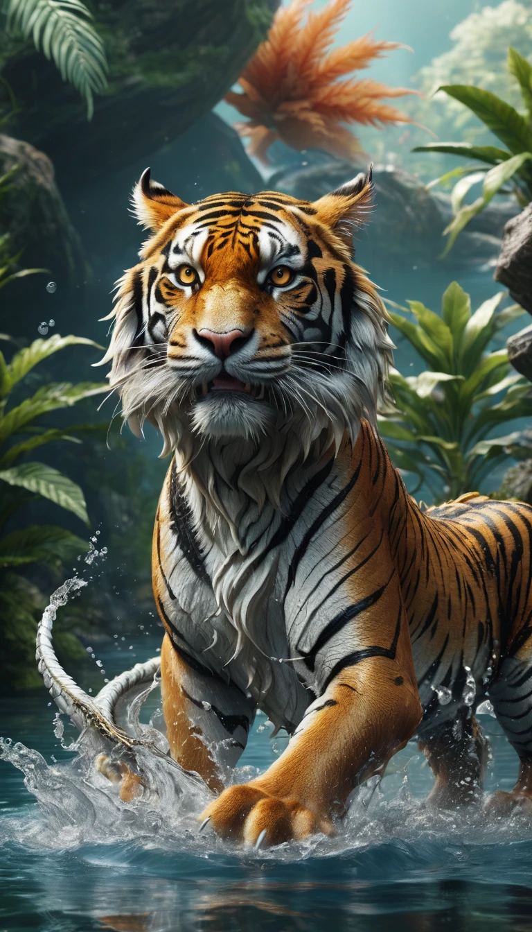 Panorama,Close-up of a dragon and a tiger in water(best quality,4K,8k,High level,masterpiece:1.2),Ultra Detailed,(lifelike,Photo real,Photo real:1.37),Highly detailed animals,Complex patterns,Realistic lighting,Fantasy Creatures