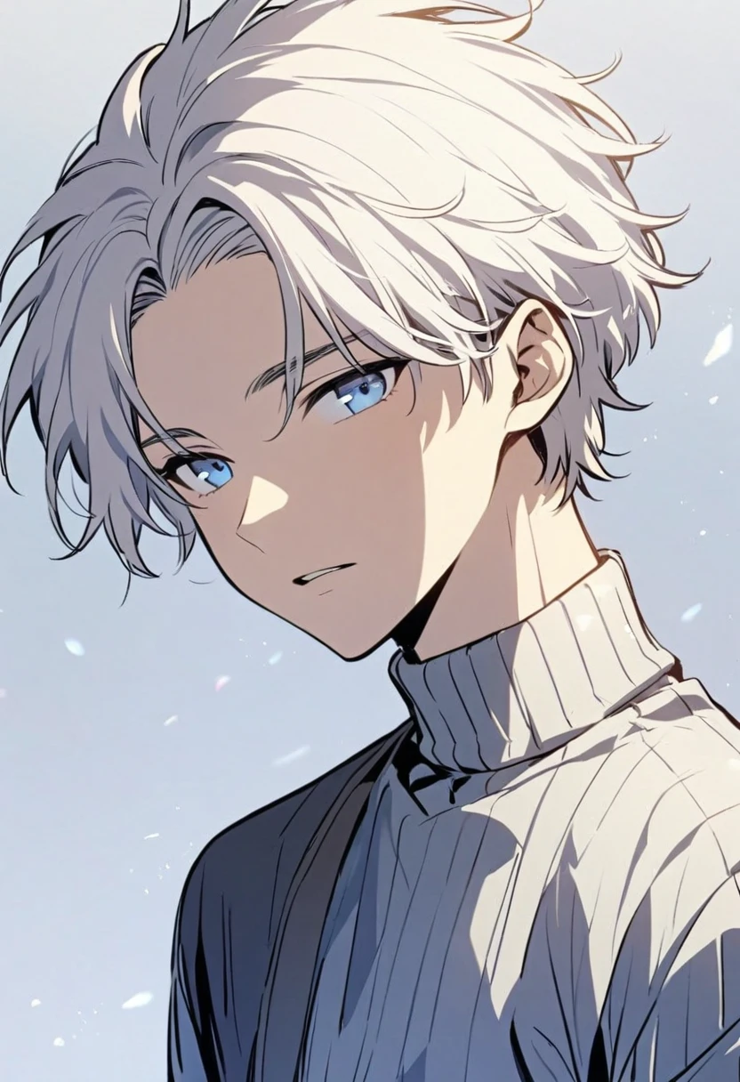 Handsome, solo, male, short hair, soft boy, young, white hair, blue eyes, turtleneck