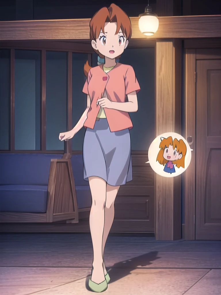 Delia_Ketchum 1girl, full body, looking at viewer, :d, open mouth, (extremely detailed CG unity 8k wallpaper), (masterpiece), (best quality), (ultra-detailed), (best illustration), (best shadow), (absurdres), finely detail, skirt, shirt, blue skirt, long skirt, pink shirt, slippers,