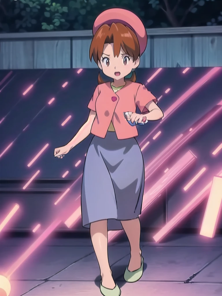 Delia_Ketchum 1girl, full body, looking at viewer, :d, open mouth, (extremely detailed CG unity 8k wallpaper), (masterpiece), (best quality), (ultra-detailed), (best illustration), (best shadow), (absurdres), finely detail, skirt, shirt, blue skirt, long skirt, pink shirt, slippers,
