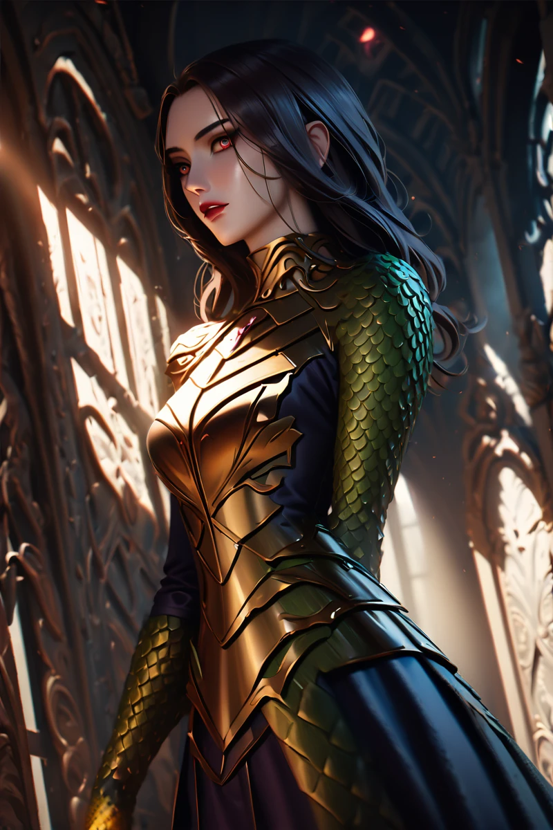 (gorgon:1.5), beautiful detailed eyes, beautiful detailed lips, extremely detailed face and skin, small skin imperfections, intricate armored dress, cinematic lighting, dark moody colors, dramatic shadows, chiaroscuro, photorealistic, 8k, high resolution, ultra-detailed, masterpiece