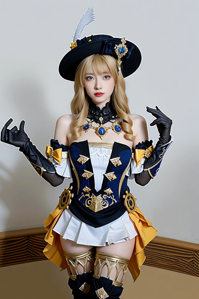 best quality, tmasterpiece,Ultra-high resolution,Clear face,(Reality:1.4),ferpect lighting,(upper body photo:1.3), (photorealistic:1.50), anime wallpaper, Guviz style artwork, cover-up fantasy up to magic , by Yang J, Guviz, beautiful artwork illustration, beautiful digital artwork, beautiful digital illustration, Li Song, beautiful anime portrait, art style in Beauvot, 1girl, 独奏,hat,blonde hair, long hair, drill hair, twin drills,Blue eyes, jewelry, flower, bare shoulders, black gloves,dress, thighhighs, thigh boots, boots, indoor, mirror, Curtain background, room,