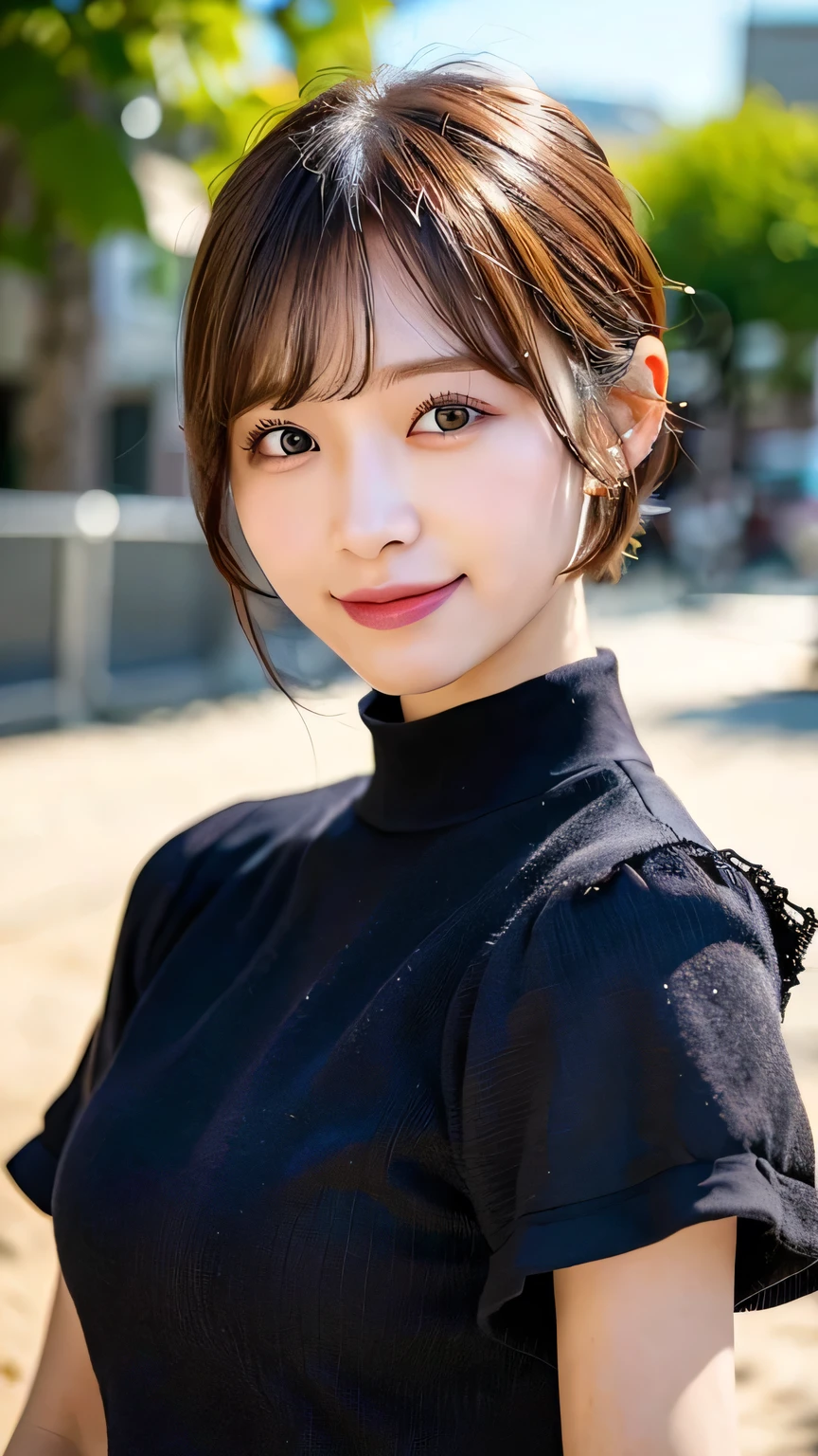 (Highest quality、8k、32K、Masseter muscle area、Hmph:1.2)、profile、(Slim figure:1.2)、(Lips) 、double eyelid、Glowing Skin、Realistic Layer、Beautiful Face、(smile:1.3)、(short hair:1.4)、Blurred Background、(Front Focus)、(dark: 1.6)、Fantasy art、Photorealistic、Professional Lighting、Highly detailed face、Award-winning、Deep Shadow、Summer beach、Yellow floral dress