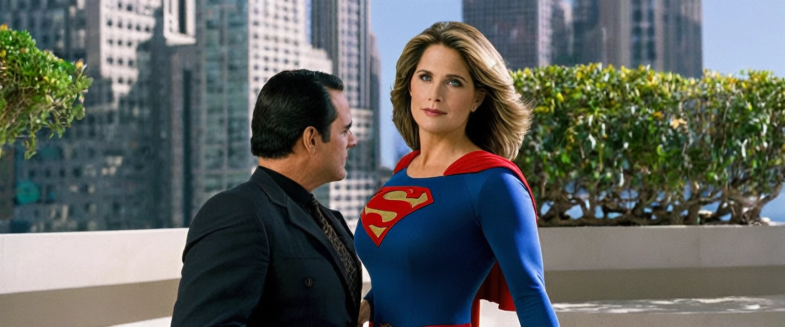 Super Lorraine Bracco(big fat woman; powerful; trusting; higher) 2007 (((Woman defined body strong and firm large breasts; Supergirl 1984s costume dress))) as Supergirl(((Filme da Supergirl de 2007 de Lorraine Bracco))); floating in mid - air.