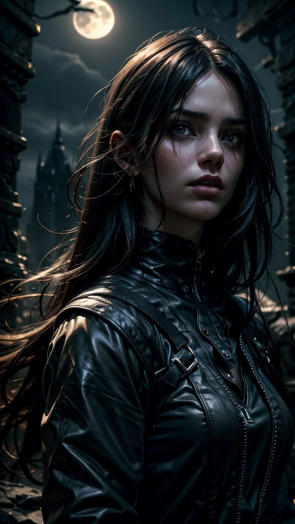 A mysterious dark girl with a tormented look, a hill with a full moon in the background, detailed facial features, long dark hair, dramatic lighting, dark fantasy, moody tones, cinematic composition, muted colors, chiaroscuro, dramatic shadows, (best quality,4k,8k,highres,masterpiece:1.2),ultra-detailed,(realistic,photorealistic,photo-realistic:1.37)