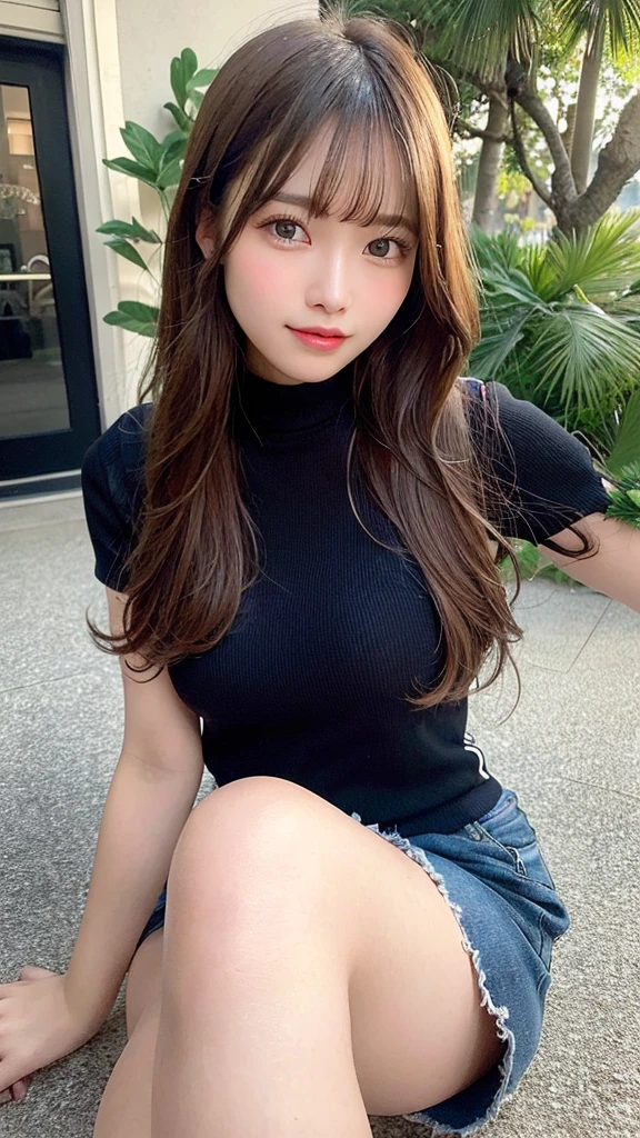 highest quality, shape, Very detailed, finely, High resolution, 8k wallpaper, Perfect dynamic shape, Beautiful and detailed, Summer clothes,Medium Hair,Natural color lip,smile,20-year-old girl、Midnight、Beautiful and elaborate face、Perfect and beautiful face、Slim face and figure,spread your arms wide,Big eyes,Take a photo with your face raised from below your knees、Small face、Beautifully detailed face、Perfect and beautiful double eyelids、Big cleavage、Long, Slender legs、One Woman、gravure、Skinny jeans、Watching the audience、runVery long hair, Blushing, 