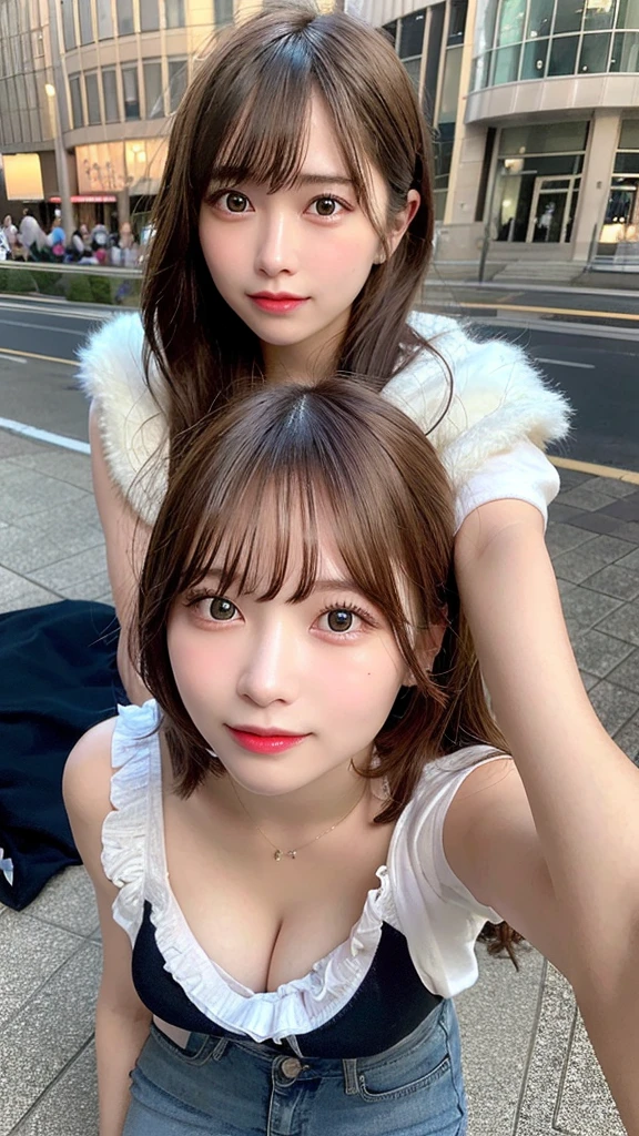 highest quality, shape, Very detailed, finely, High resolution, 8k wallpaper, Perfect dynamic shape, Beautiful and detailed, Summer clothes,Medium Hair,Natural color lip,smile,20-year-old girl、Midnight、Beautiful and elaborate face、Perfect and beautiful face、Slim face and figure,spread your arms wide,Big eyes,Take a photo with your face raised from below your knees、Small face、Beautifully detailed face、Perfect and beautiful double eyelids、Big cleavage、Long, Slender legs、One Woman、gravure、Skinny jeans、Watching the audience、runVery long hair, Blushing,