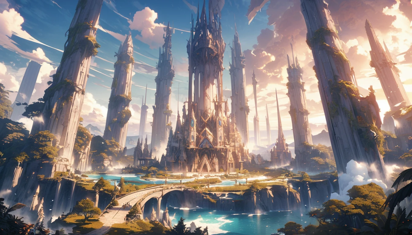 a fantasy paradise, 4 giant pillars located in the far horizon