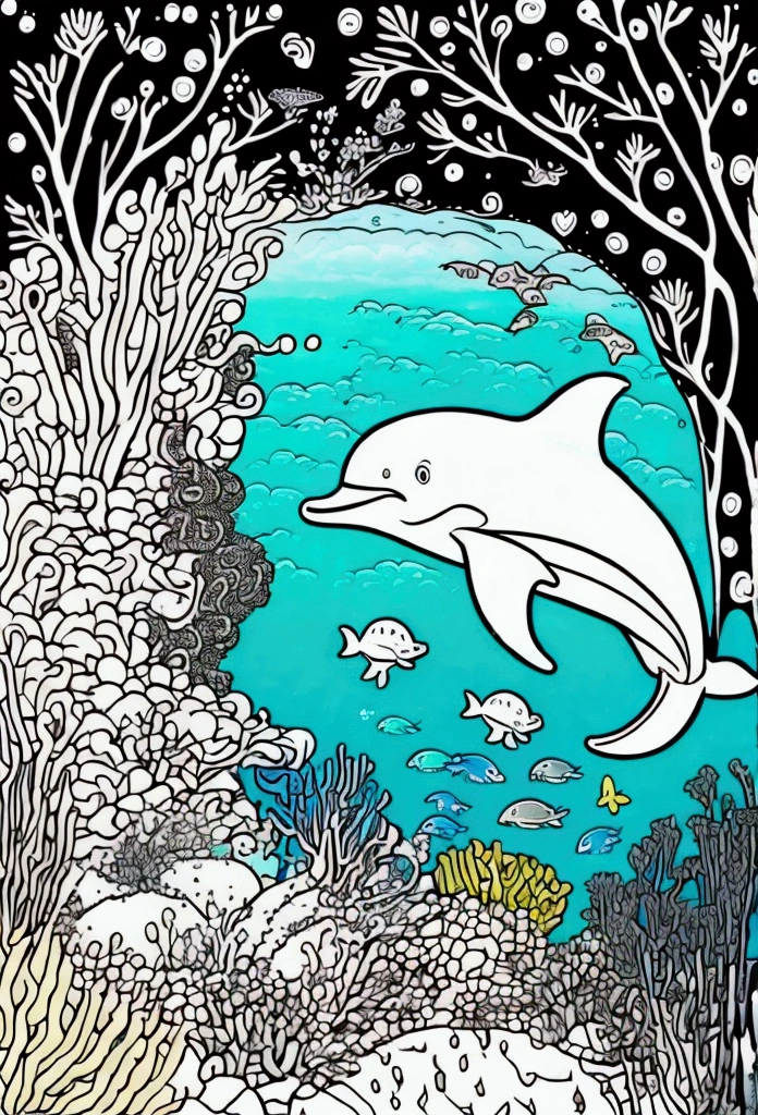 Creating a colouring book for children up to the age of 3 with a dolphin swimming in the ocean.