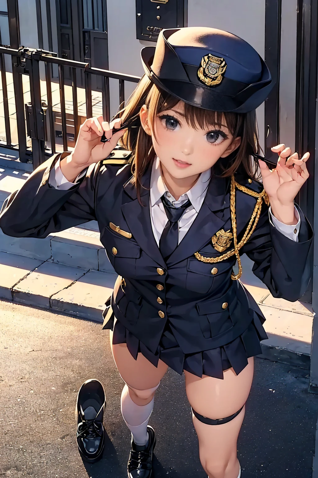 ((best quality)), ((masterpiece)), (detailed), perfect face Parking enforcer wearing bowtie, cap, gloves and long sleeve leotard squatting barefoot.