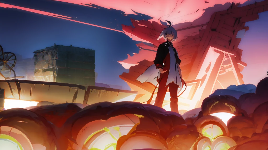 anime styling, Ryomen Sukuna, left hand on head, looking to the right side, background destroyed buildings.