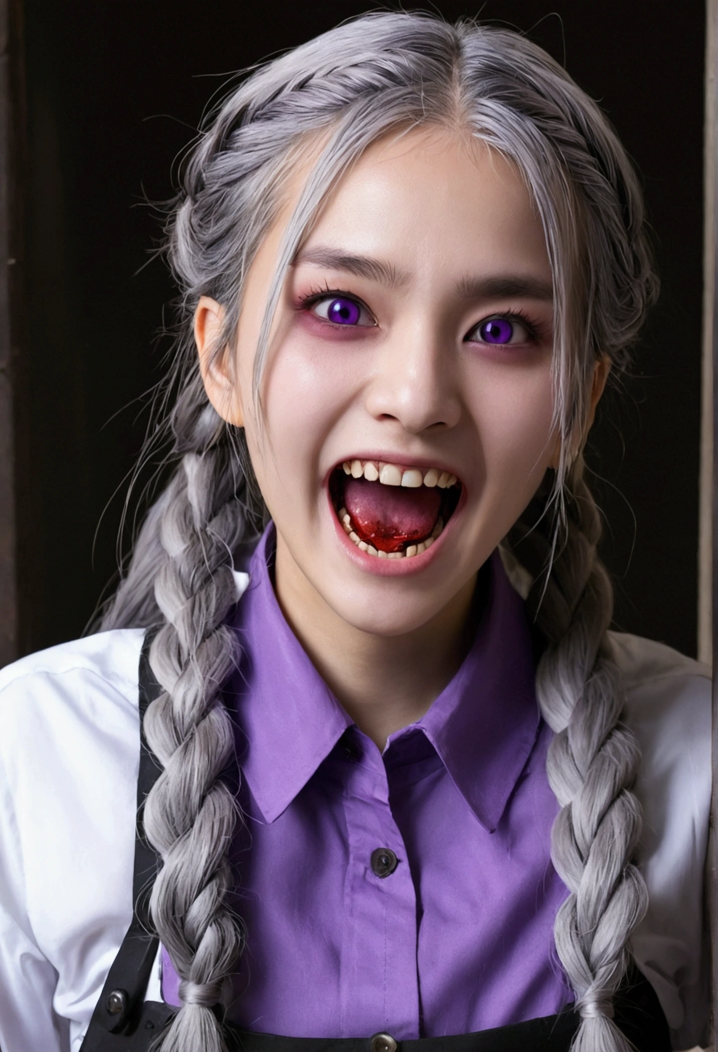 masterpiece,best quality, //////////////1girl,solo,sharp teeth,teeth,braid,twin braids,open mouth,grey hair,looking at viewer,purple eyes,long hair,horror \(theme\),blood,long sleeves,upper body,shirt,smile, //////// ,